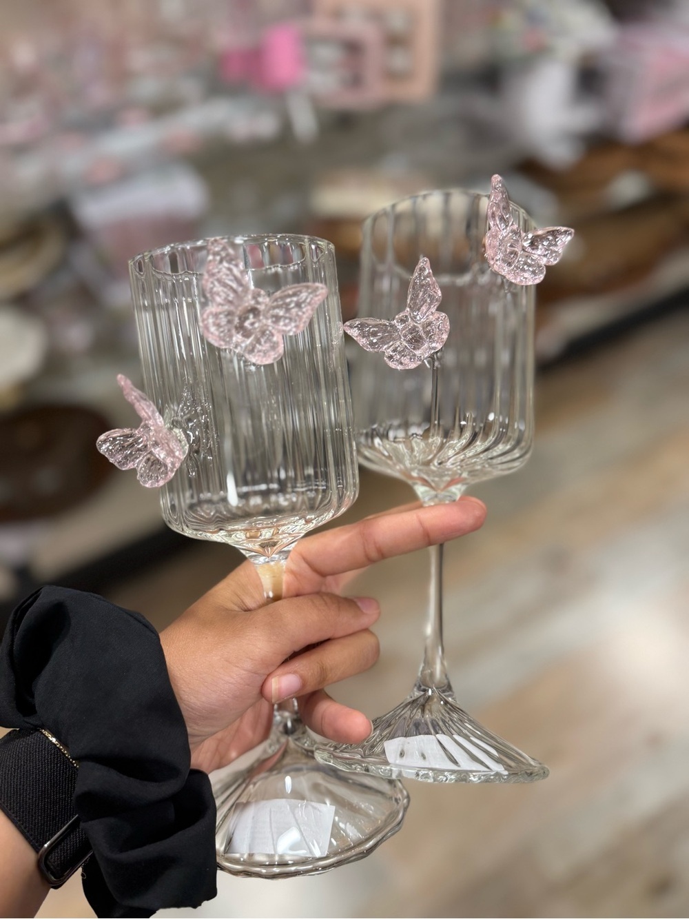 Pink Butterfly Accent Crystal Wine Glasses - Set of 2